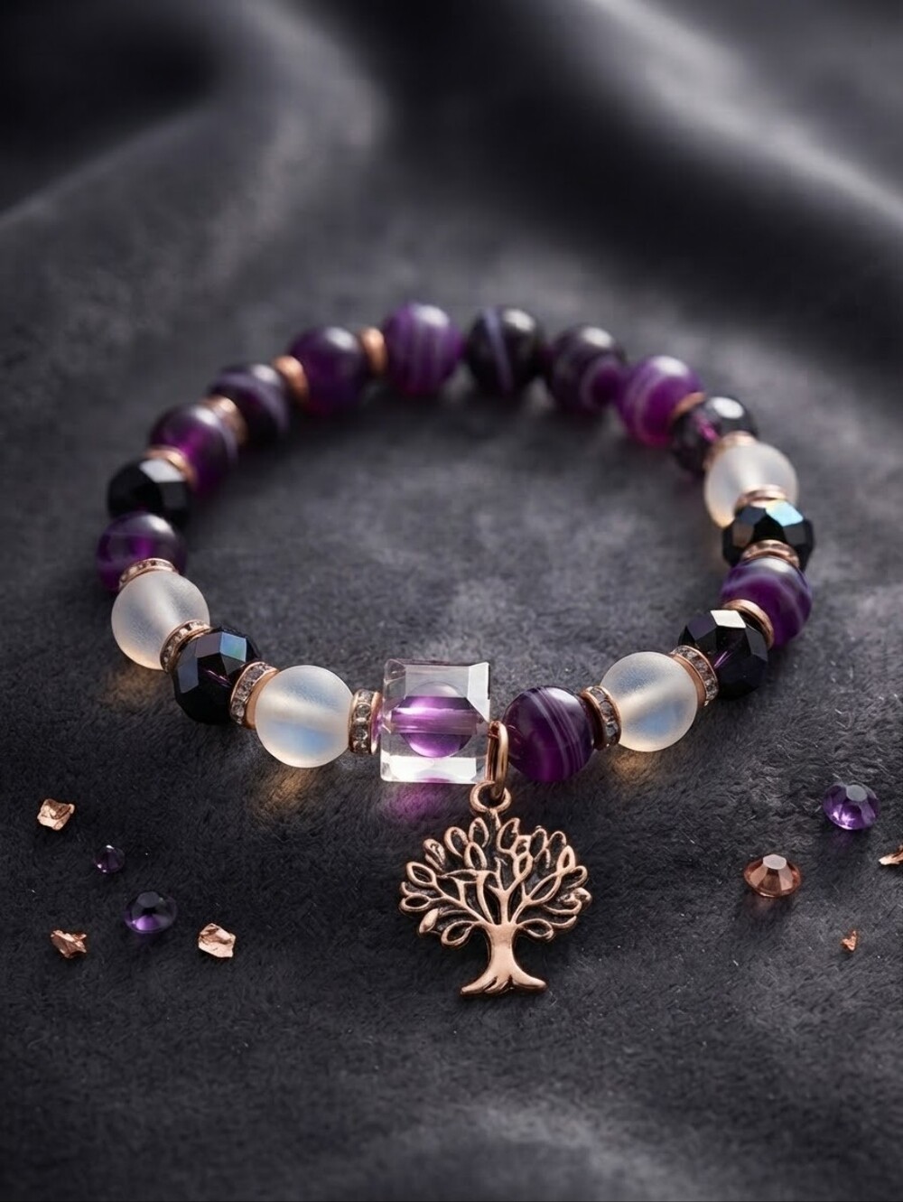 Boho Tree of Life Purple Agate & Crystal Bead Bracelet Healing Chakra Jewelry CC